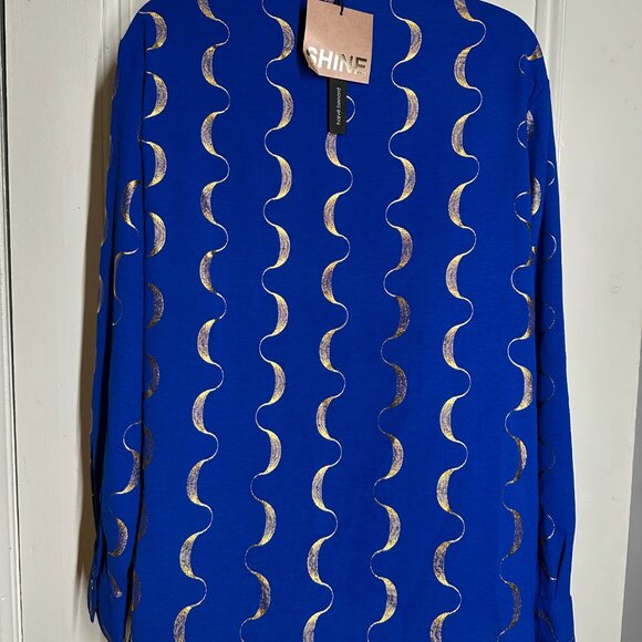 Harvé Bernard Blue Blouse with Gold Print Pockets NWT Size L - Picture 2 of 2